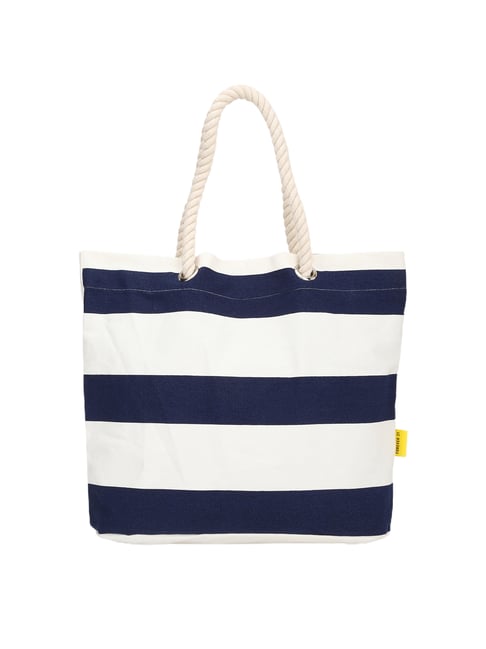 Forever 21 White & Blue Striped Medium Tote Handbag Price in India