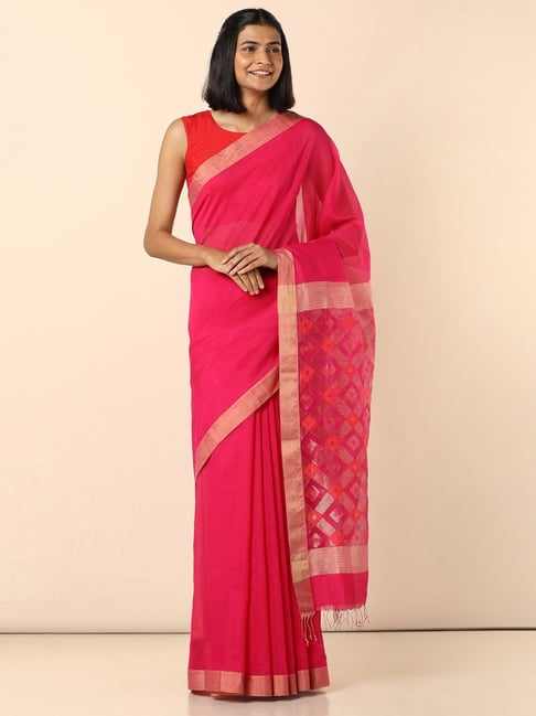 TANEIRA Dark Pink Bengal Silk Cotton Saree with Blouse Price in India