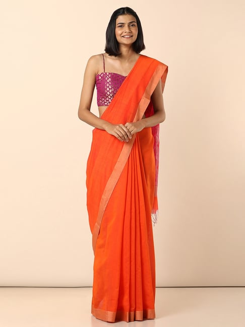 TANEIRA Orange Bengal Silk Cotton Saree with Blouse Price in India