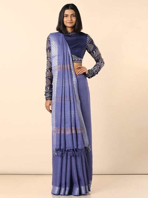 TANEIRA Blue Handwoven Bhagalpuri Pure Linen Saree with Blouse Price in India