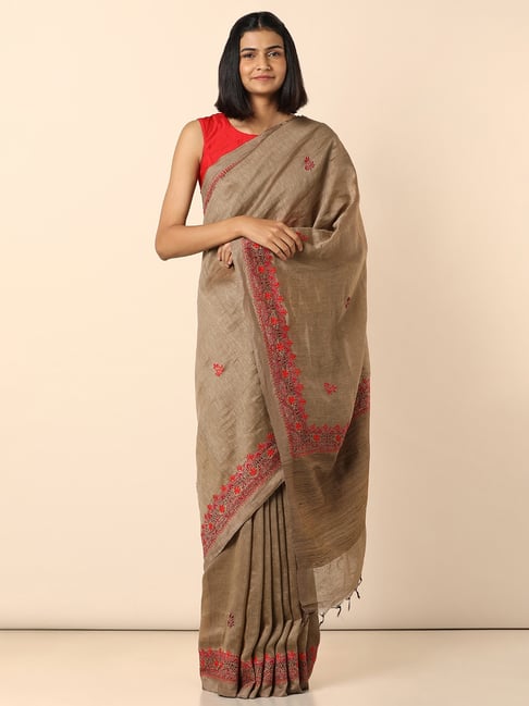 TANEIRA Beige Embroidered Silk Linen Saree with Blouse Price in India