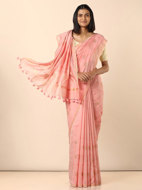 TANEIRA Light Pink Embroidered Silk Cotton Saree with Blouse Price in India