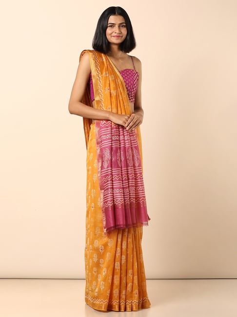 TANEIRA Yellow Embroidered Silk Cotton Saree with Blouse Price in India