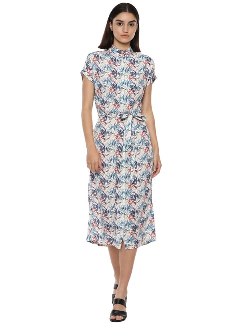 Van Heusen Beige And Blue Floral Print A-Line Dress Price in India