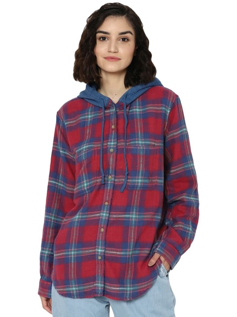 American Eagle Red & Blue Cotton Chequered Shirt Price in India
