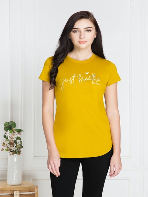 Van Heusen Mustard Graphic Print T-Shirt Price in India