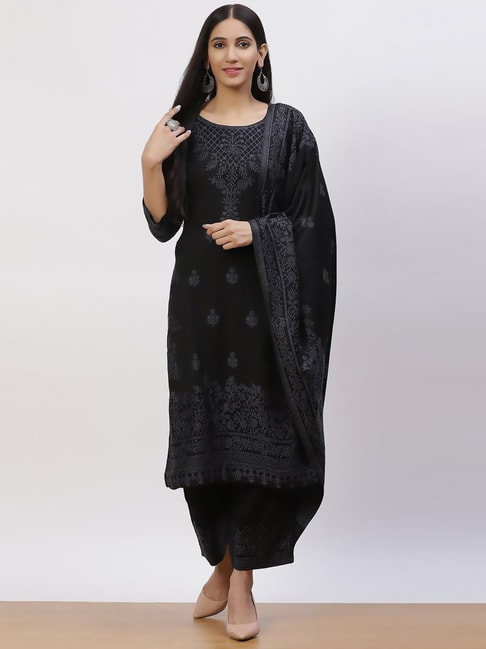 Rangriti Black Embroidered Kurta Pant Set With Dupatta Price in India
