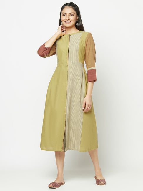 Fabindia Green & Grey Cotton Striped A-Line Dress Price in India