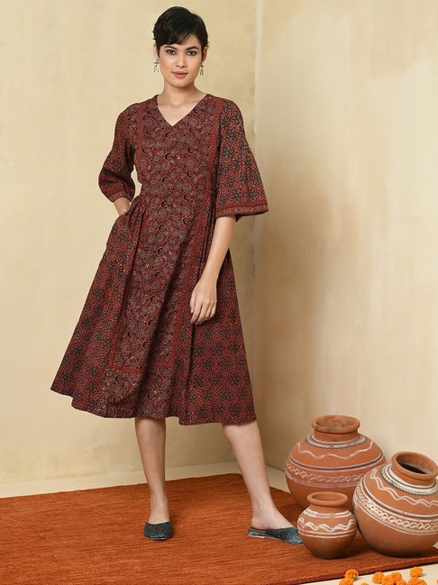 Fabindia Brown & Black Cotton Printed A-Line Dress Price in India