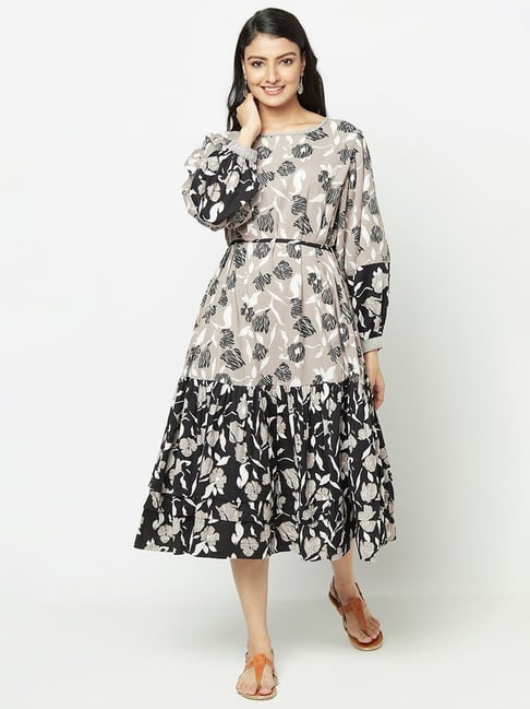 Fabindia Grey & Black Printed A-Line Dress Price in India