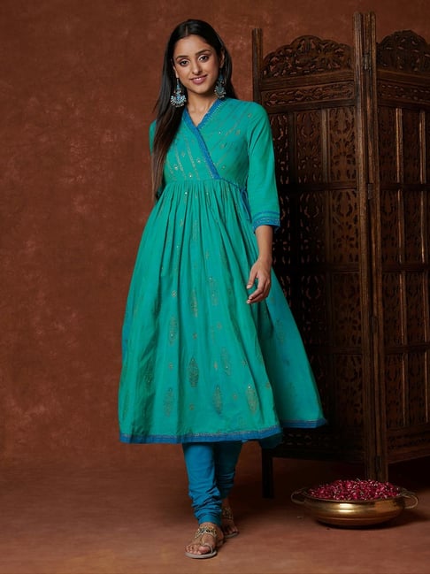 Fabindia Green Cotton Embellished Kurta Churidar Set Price in India