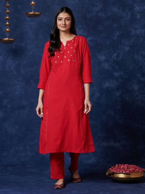 Fabindia Red Cotton Embroidered Kurta Pant Set Price in India
