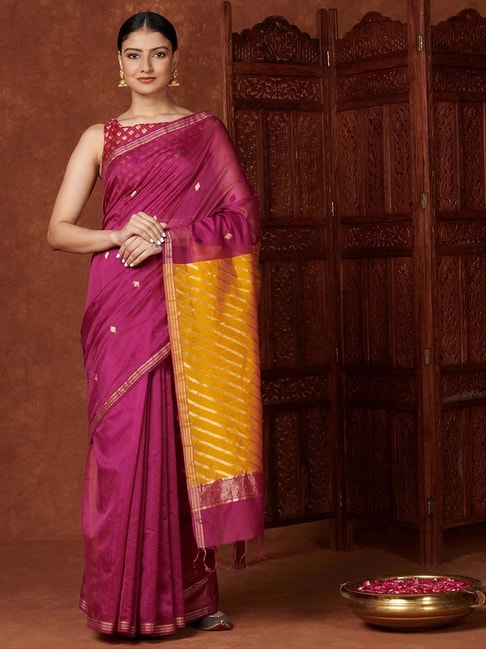 Fabindia Pink Woven Saree With Unstitched Blouse Price in India