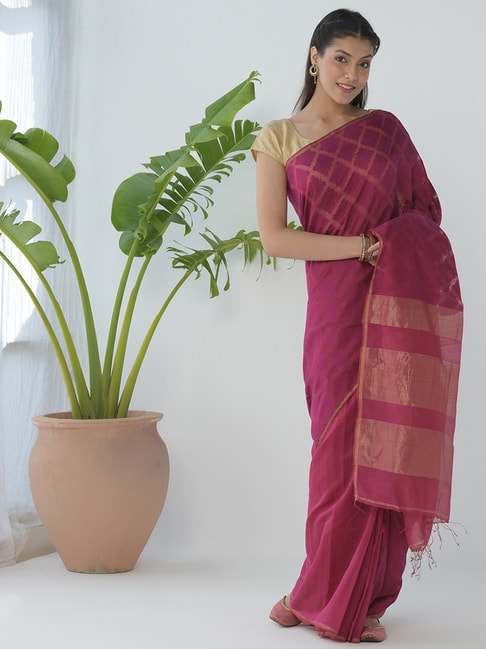 Fabindia Magenta Woven Saree With Unstitched Blouse Price in India