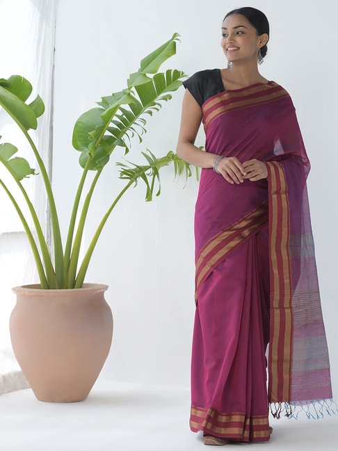 Fabindia Magenta Saree With Unstitched Blouse Price in India