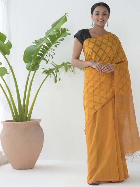 Fabindia Mustard Yellow Woven Saree With Unstitched Blouse Price in India