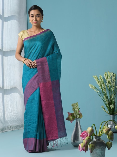 Fabindia Turquoise & Purple Saree With Unstitched Blouse Price in India
