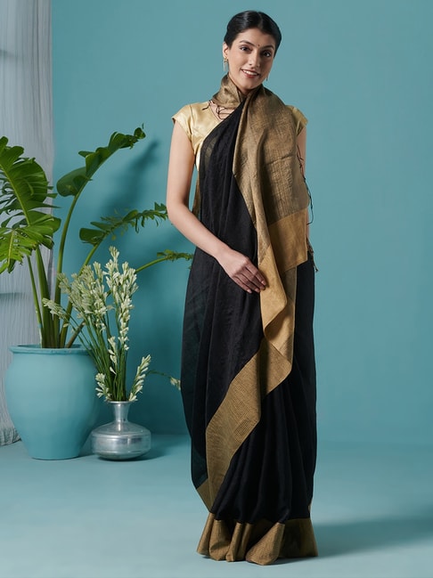 Fabindia Black Saree With Unstitched Blouse Price in India
