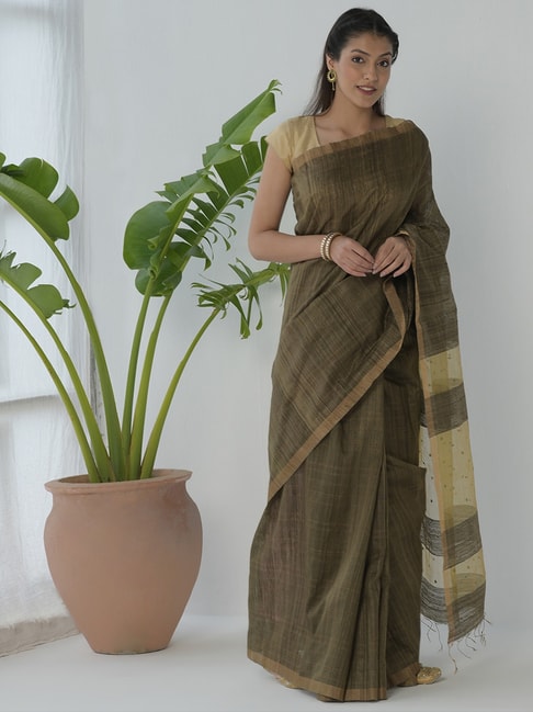 Fabindia Brown Saree With Unstitched Blouse Price in India