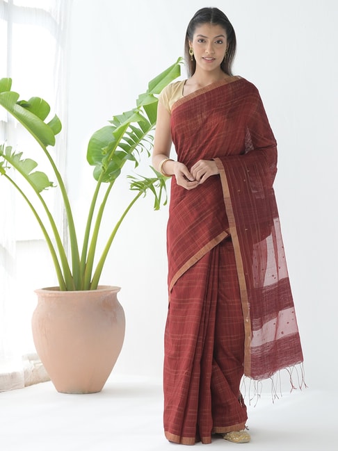 Fabindia Maroon Saree With Unstitched Blouse Price in India