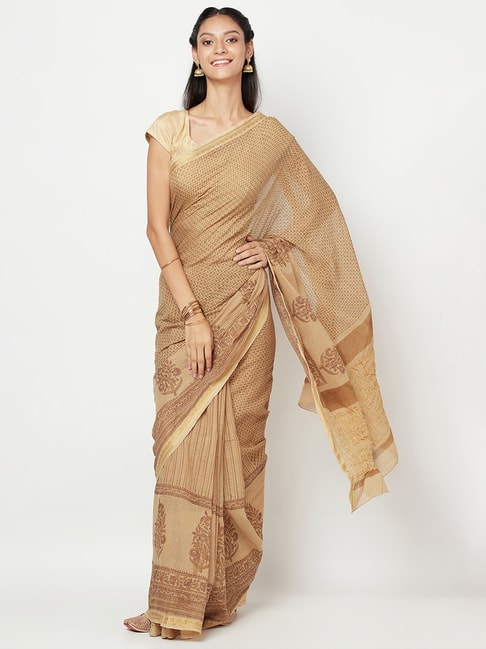 Fabindia Beige Cotton Printed Saree With Unstitched Blouse Price in India