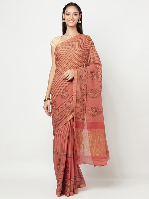 Fabindia Pink Cotton Printed Saree Without Blouse Piece Price in India