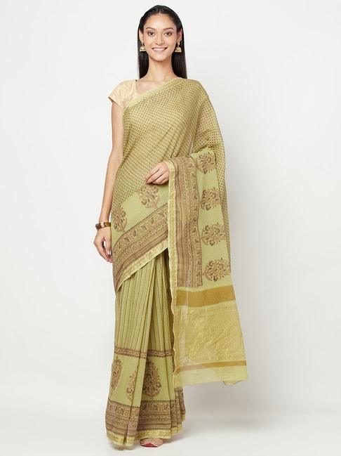 Fabindia Green Cotton Printed Saree With Unstitched Blouse Price in India
