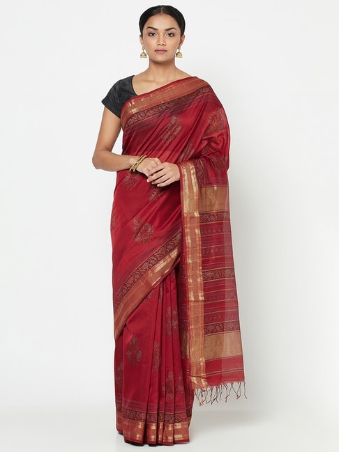 Fabindia Maroon Printed Saree With Unstitched Blouse Price in India
