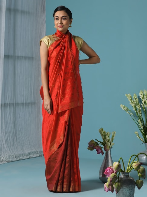 Fabindia Red Saree With Unstitched Blouse Price in India