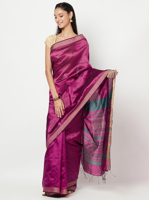 Fabindia Magenta & Green Saree With Unstitched Blouse Price in India