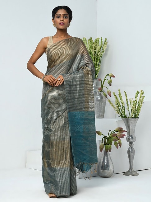 Fabindia Blue & Gold Striped Saree With Unstitched Blouse Price in India
