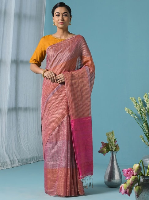 Fabindia Pink Striped Saree With Unstitched Blouse Price in India