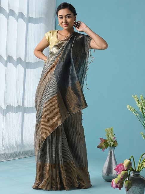 Fabindia Grey & Gold Striped Saree With Unstitched Blouse Price in India