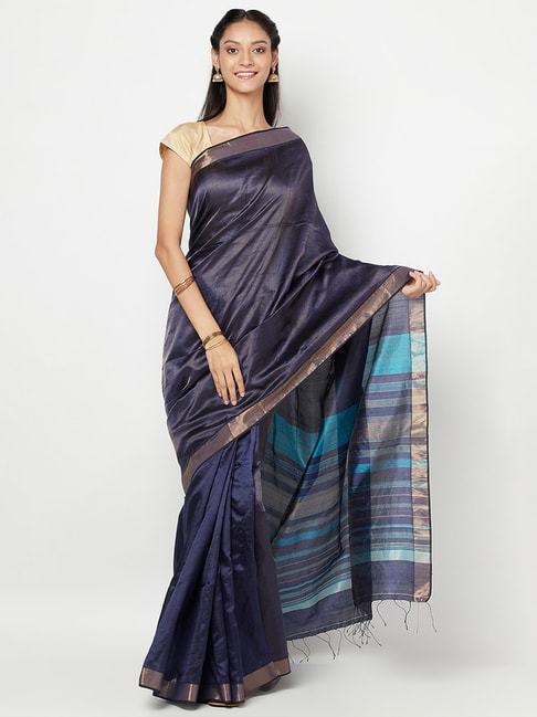 Fabindia Blue Saree With Unstitched Blouse Price in India