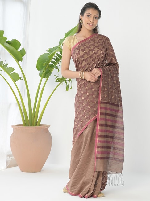 Fabindia Grey & Purple Woven Saree With Unstitched Blouse Price in India