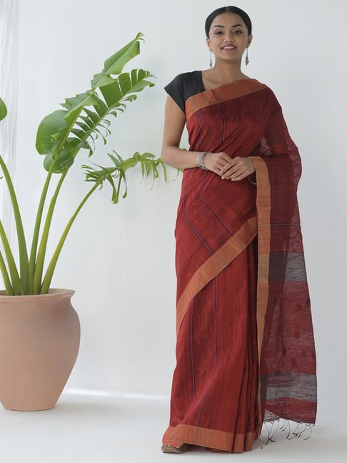 Fabindia Red Woven Saree With Unstitched Blouse Price in India