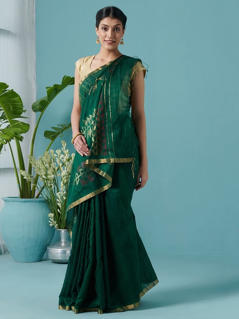 Fabindia Green Woven Saree With Unstitched Blouse Price in India