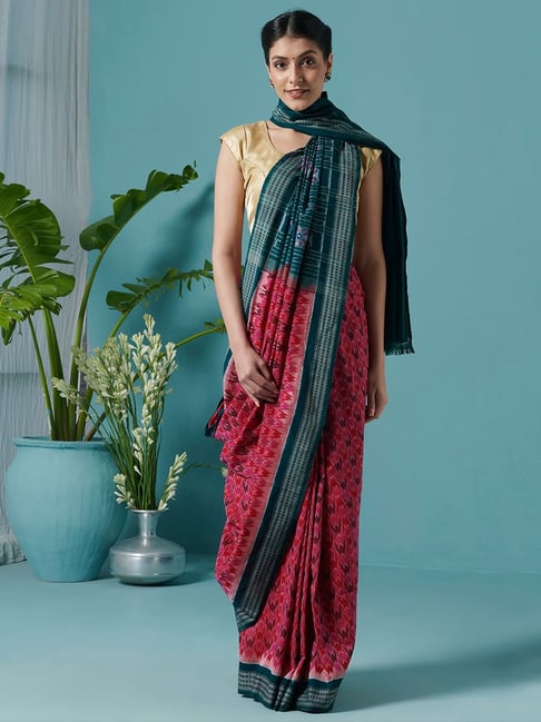 Fabindia Pink Cotton Woven Saree With Unstitched Blouse Price in India