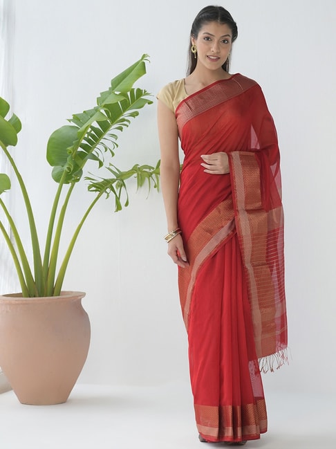 Fabindia Red Woven Saree With Unstitched Blouse Price in India