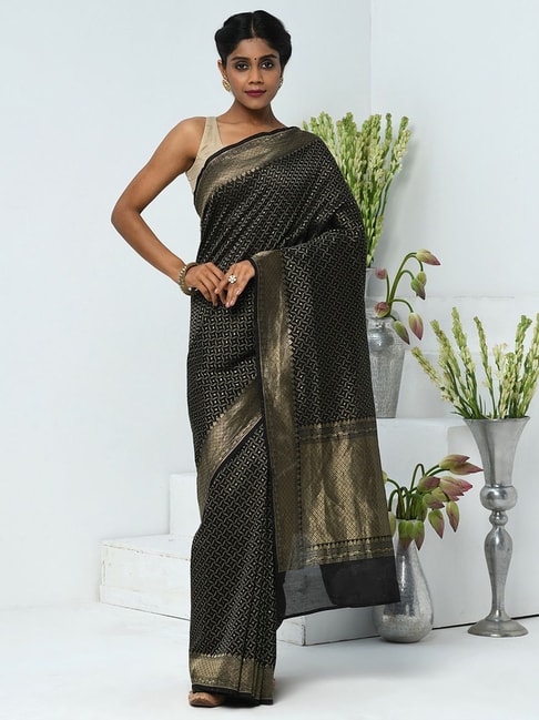 Fabindia Black Woven Saree With Unstitched Blouse Price in India