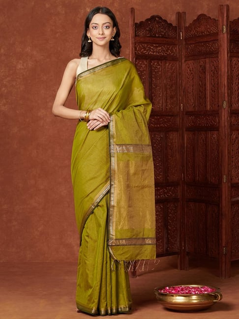 Fabindia Green Woven Saree With Unstitched Blouse Price in India