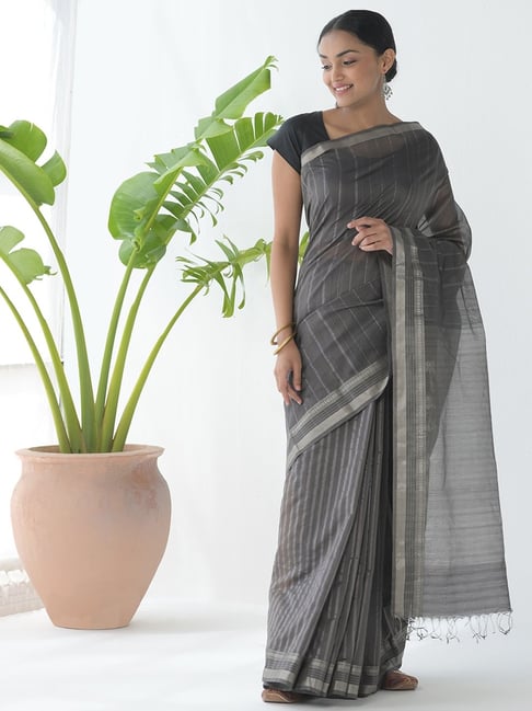 Fabindia Charcoal Woven Saree With Unstitched Blouse Price in India