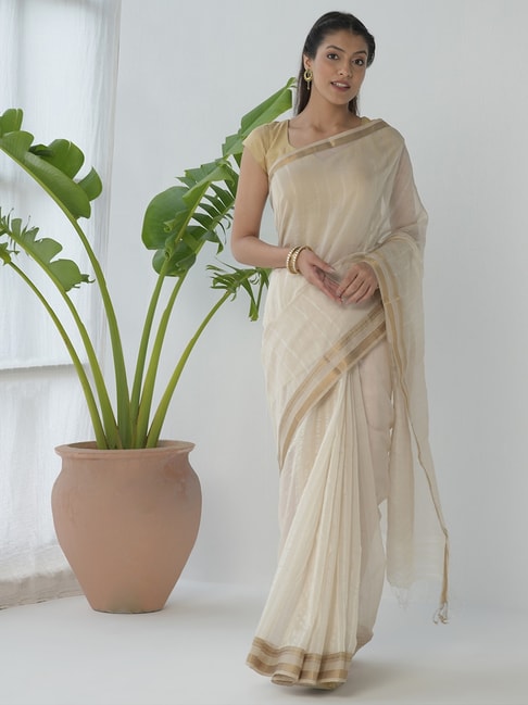 Fabindia White Woven Saree With Unstitched Blouse Price in India