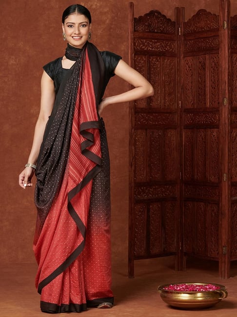 Fabindia Black & Red Printed Saree With Unstitched Blouse Price in India
