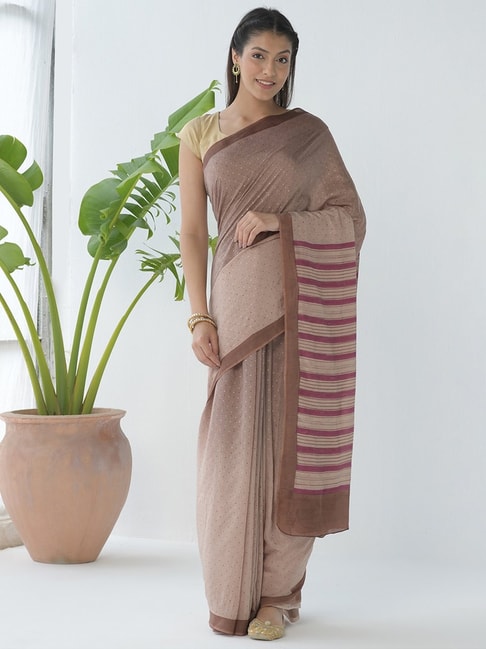 Fabindia Grey & Brown Printed Saree With Unstitched Blouse Price in India
