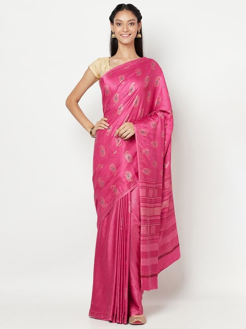 Fabindia Pink Printed Saree With Unstitched Blouse Price in India