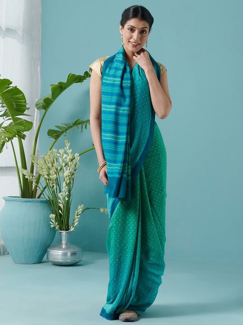 Fabindia Green & Blue Printed Saree With Unstitched Blouse Price in India