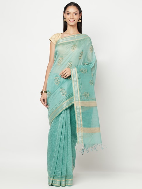 Fabindia Turquoise Printed Saree With Unstitched Blouse Price in India