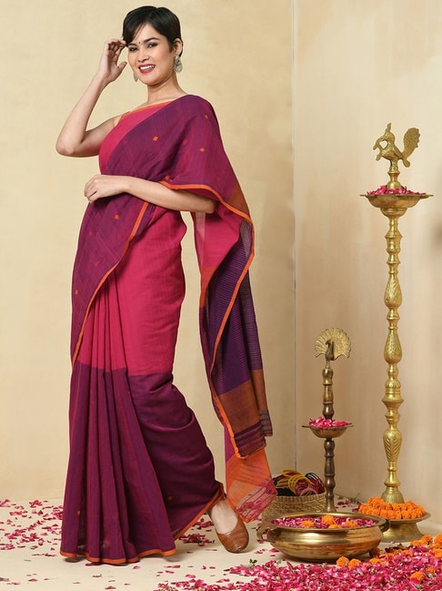 Fabindia Purple & Pink Cotton Woven Saree With Unstitched Blouse Price in India