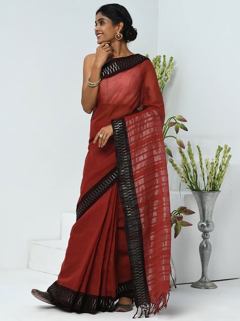 Fabindia Red Cotton Woven Saree With Unstitched Blouse Price in India